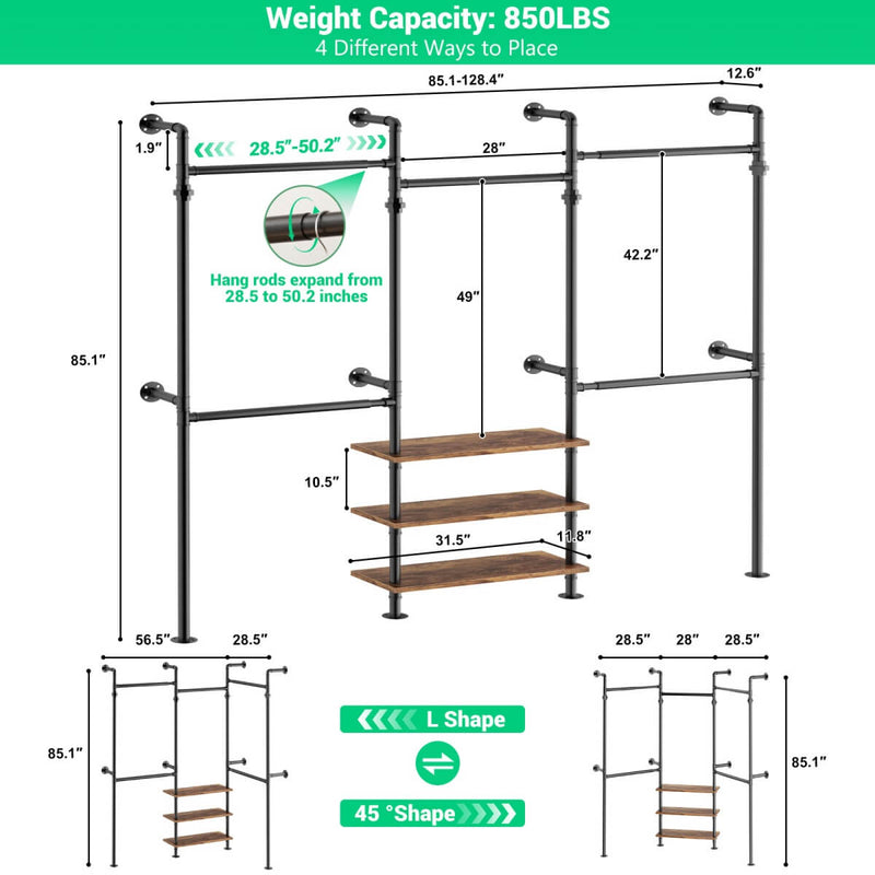 84"-128" Adjustable Metal Industrial Pipe Clothing Rack with 3-Tier Wooden Shelves, Wall Mounted
