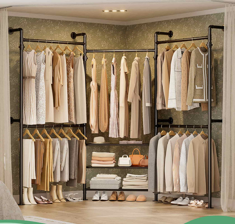7.3-10.9Ft Expandable Industrial Corner Pipe Clothing Rack, Reversible