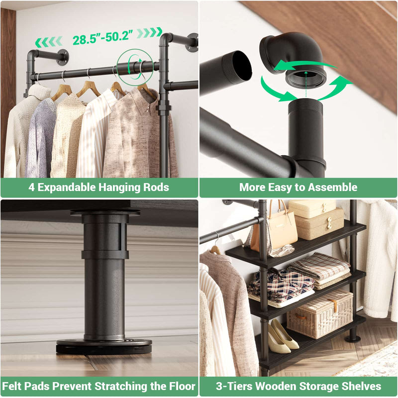 7.3-10.9Ft Expandable Industrial Corner Pipe Clothing Rack, Reversible