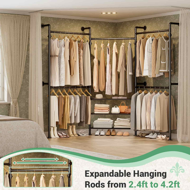 7.3-10.9Ft Expandable Industrial Corner Pipe Clothing Rack, Reversible