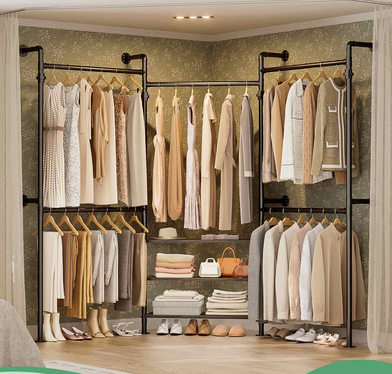 7.3-10.9Ft Expandable Industrial Corner Pipe Clothing Rack, Reversible