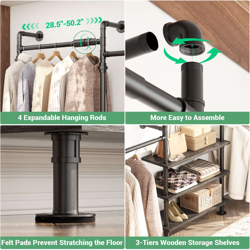 7.3-10.9Ft Expandable Industrial Corner Pipe Clothing Rack, Reversible