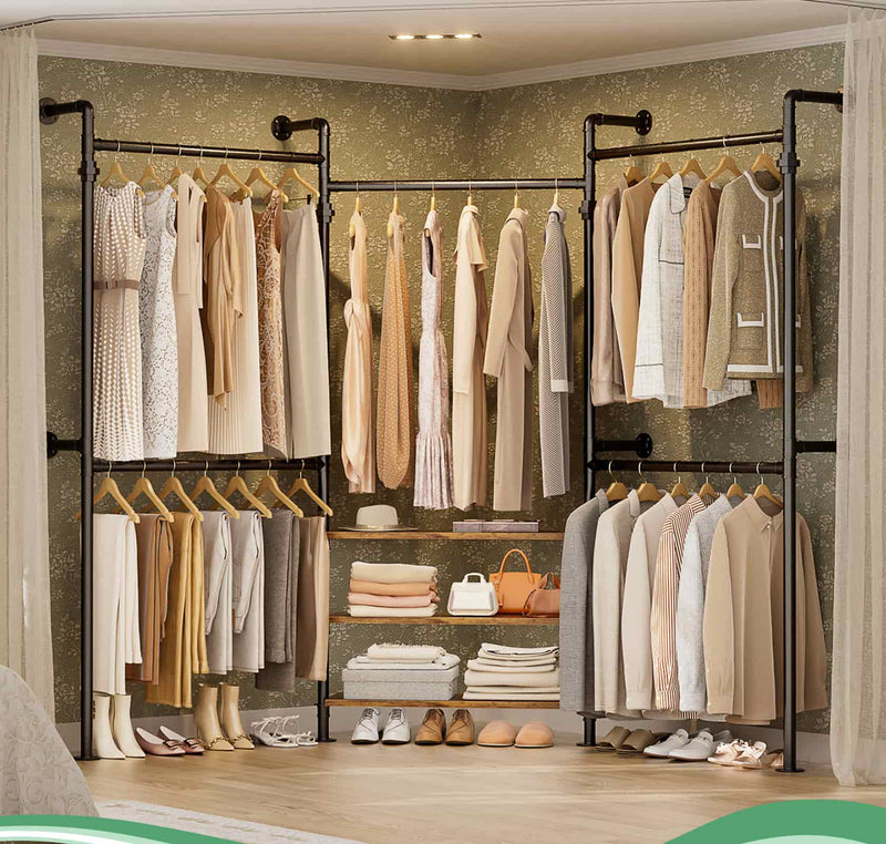 7.3-10.9Ft Expandable Industrial Corner Pipe Clothing Rack, Reversible
