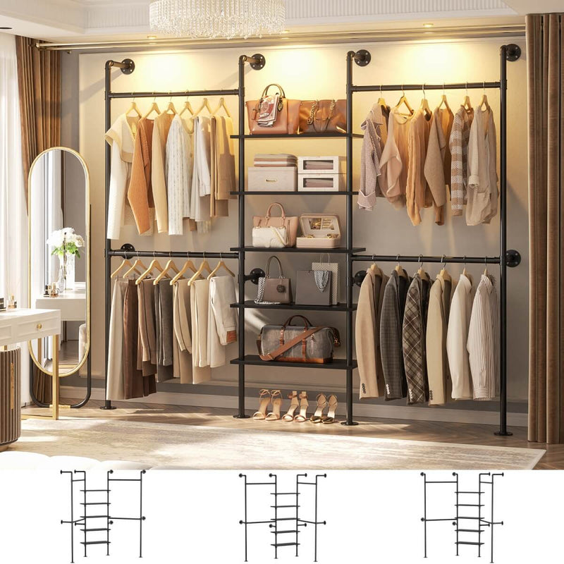 5-Tier Industrial Wall Mounted Pipe Closet System with 4 Hanging Rods