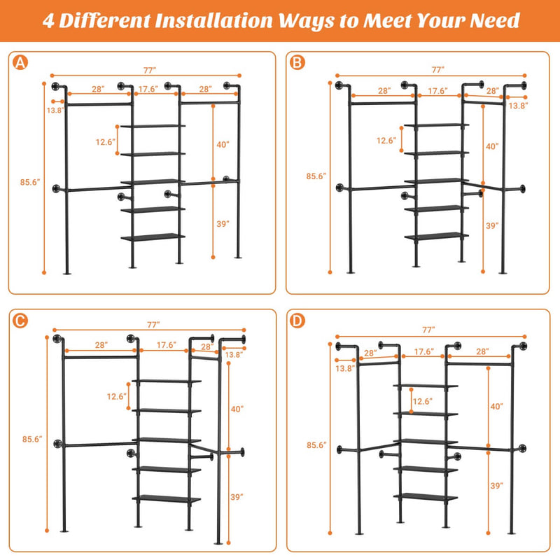 5-Tier Industrial Wall Mounted Pipe Closet System with 4 Hanging Rods