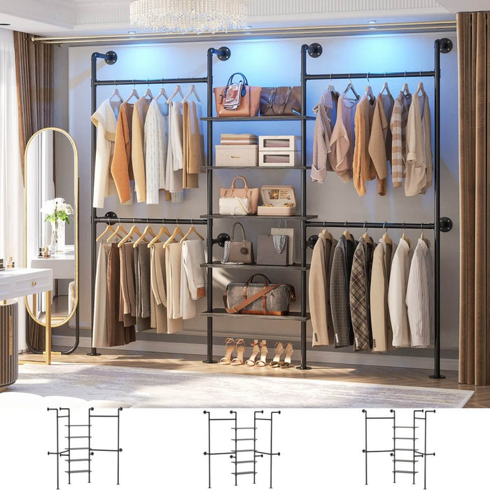 5-Tier Industrial Wall Mounted Pipe Closet System with 4 Hanging Rods