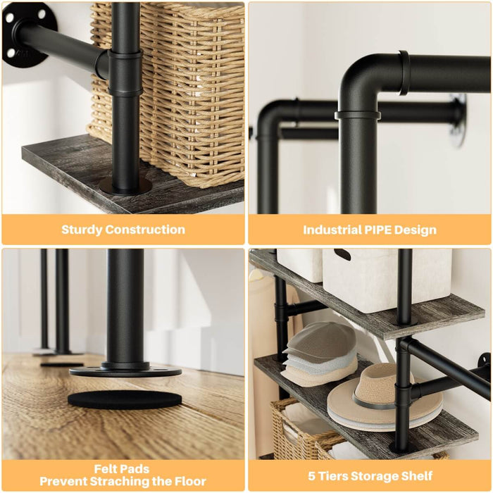 5-Tier Industrial Wall Mounted Pipe Closet System with 4 Hanging Rods