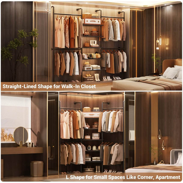 5-Tier Industrial Wall Mounted Pipe Closet System with 4 Hanging Rods