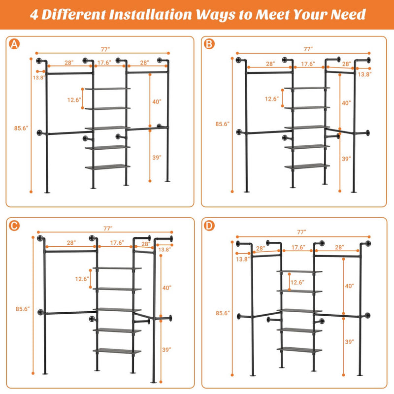 5-Tier Industrial Wall Mounted Pipe Closet System with 4 Hanging Rods