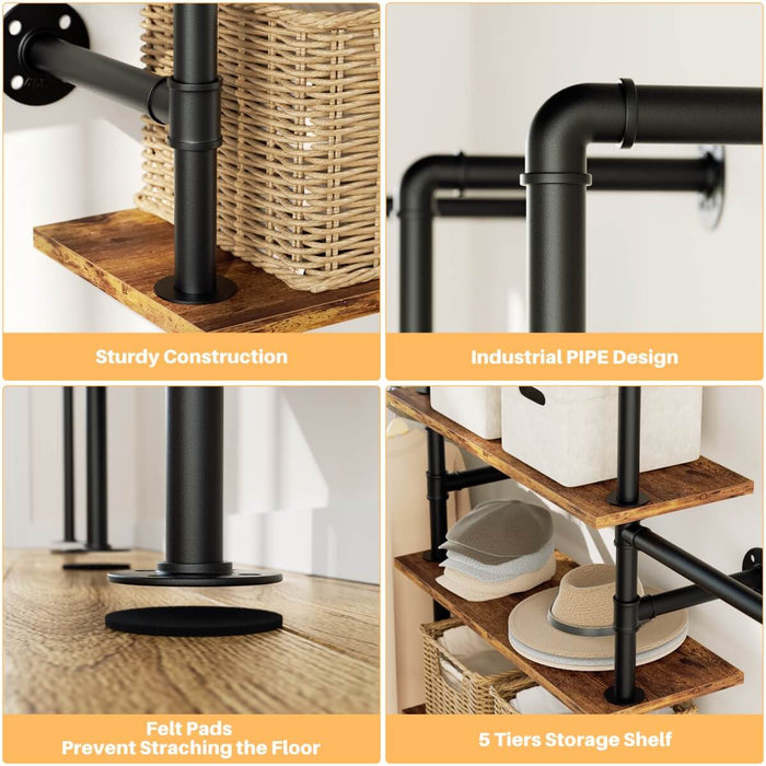 5-Tier Industrial Wall Mounted Pipe Closet System with 4 Hanging Rods