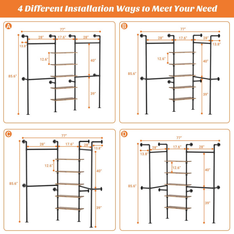 5-Tier Industrial Wall Mounted Pipe Closet System with 4 Hanging Rods