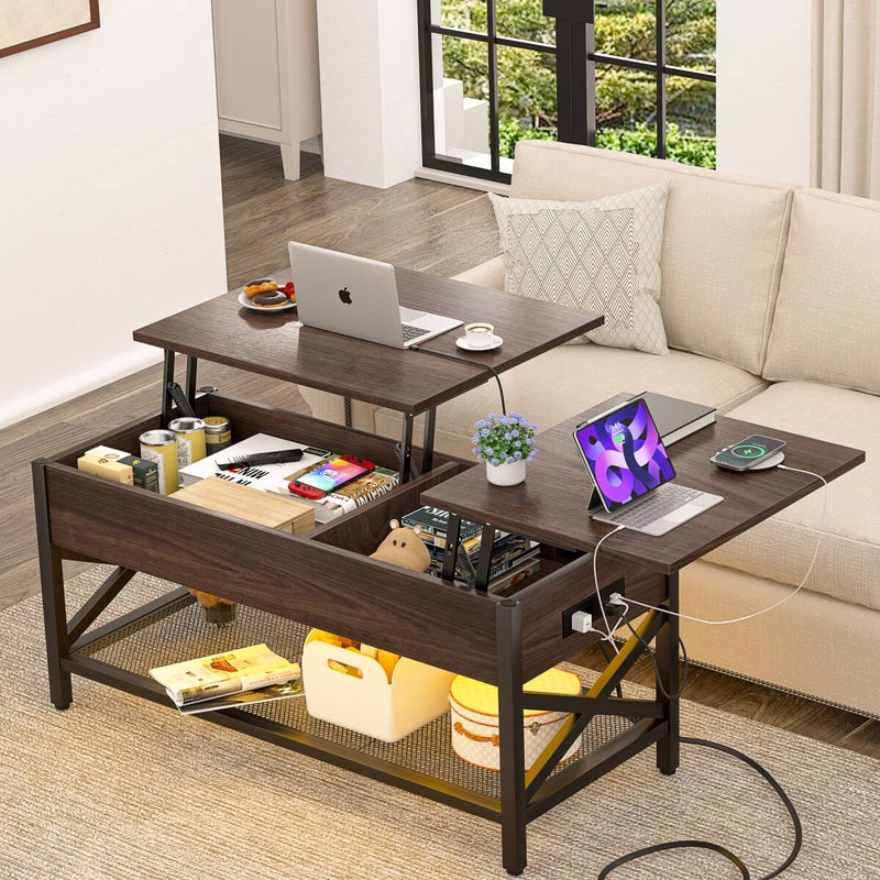 Lift-Top Coffee Table with Storage, Comes with LED Strip & Power Outlets