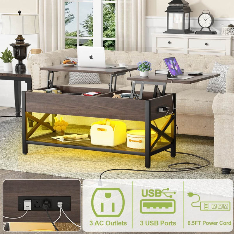 Lift-Top Coffee Table with Storage, Comes with LED Strip & Power Outlets