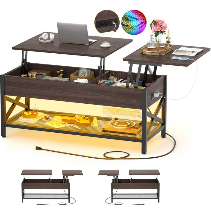Lift-Top Coffee Table with Storage, Comes with LED Strip & Power Outlets