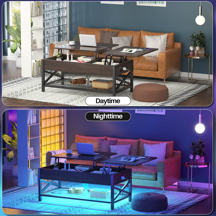 Lift-Top Coffee Table with Storage, Comes with LED Strip & Power Outlets