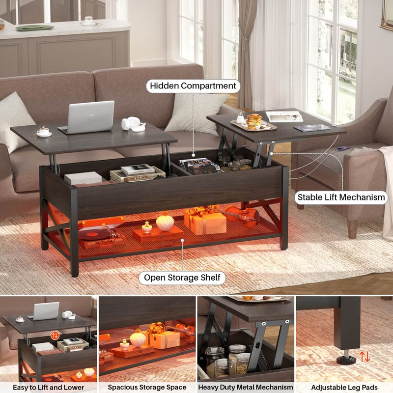 Lift-Top Coffee Table with Storage, Comes with LED Strip & Power Outlets