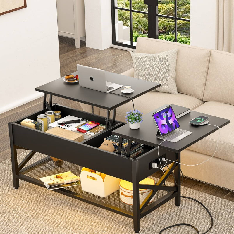 Lift-Top Coffee Table with Storage, Comes with LED Strip & Power Outlets