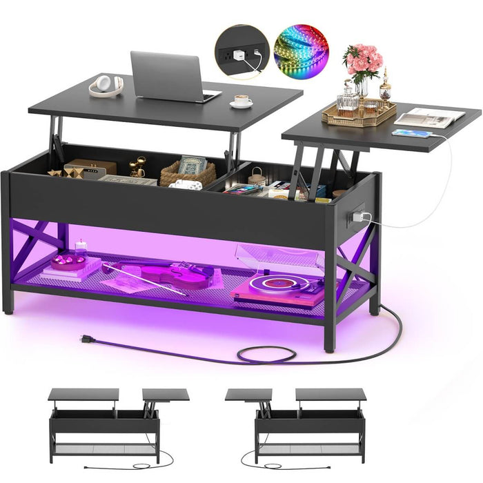Lift-Top Coffee Table with Storage, Comes with LED Strip & Power Outlets