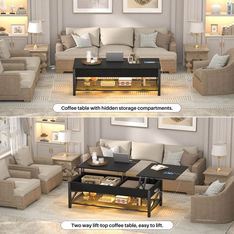 Lift-Top Coffee Table with Storage, Comes with LED Strip & Power Outlets