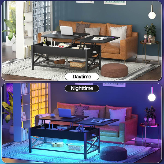 Lift-Top Coffee Table with Storage, Comes with LED Strip & Power Outlets