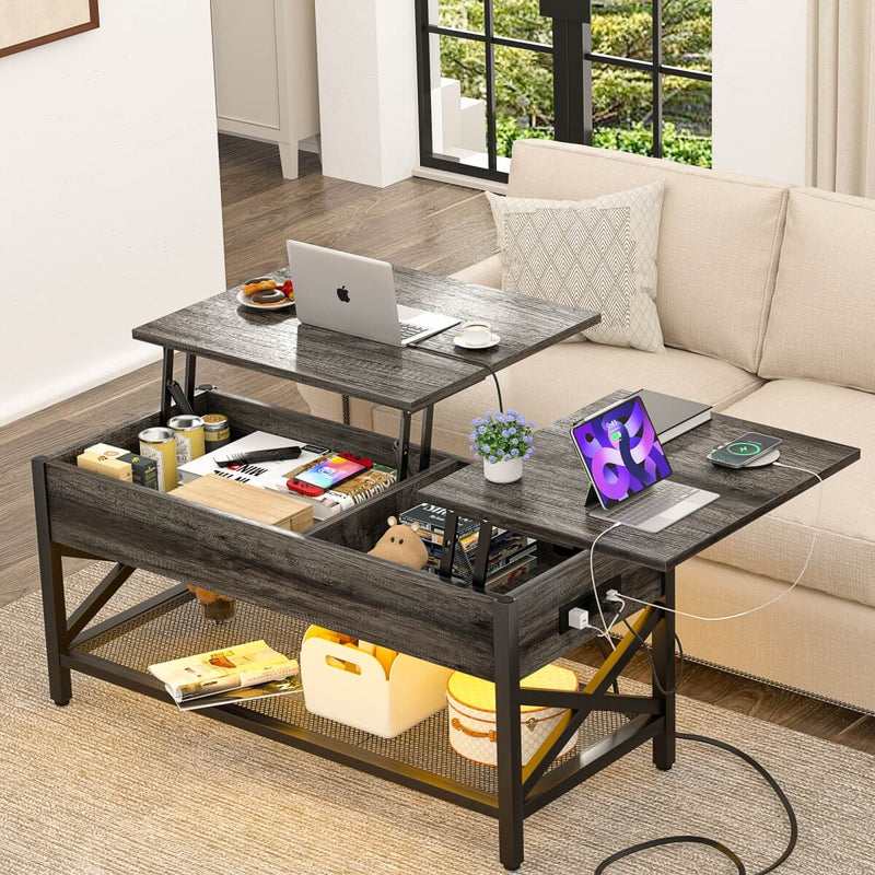 Lift-Top Coffee Table with Storage, Comes with LED Strip & Power Outlets
