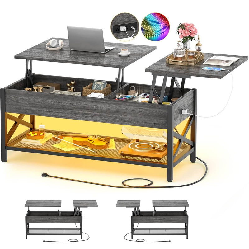Lift-Top Coffee Table with Storage, Comes with LED Strip & Power Outlets