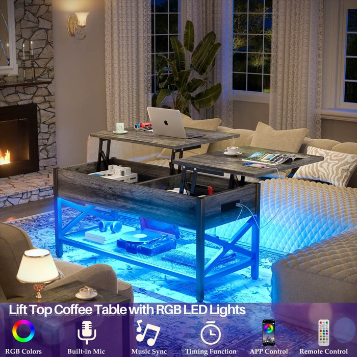 Lift-Top Coffee Table with Storage, Comes with LED Strip & Power Outlets