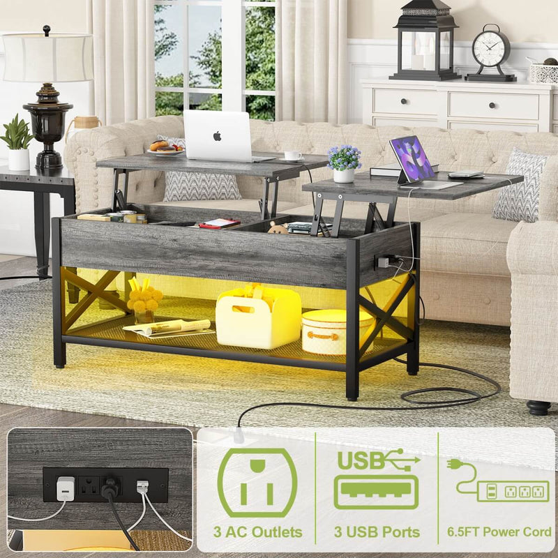 Lift-Top Coffee Table with Storage, Comes with LED Strip & Power Outlets
