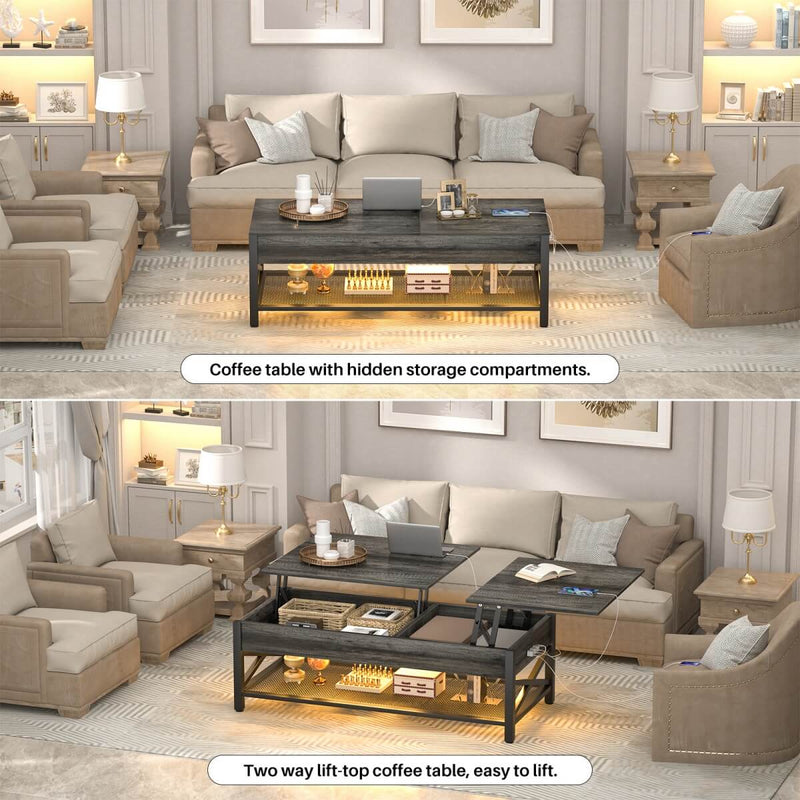 Lift-Top Coffee Table with Storage, Comes with LED Strip & Power Outlets