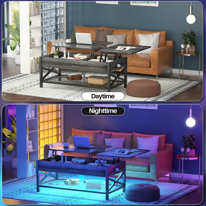 Lift-Top Coffee Table with Storage, Comes with LED Strip & Power Outlets