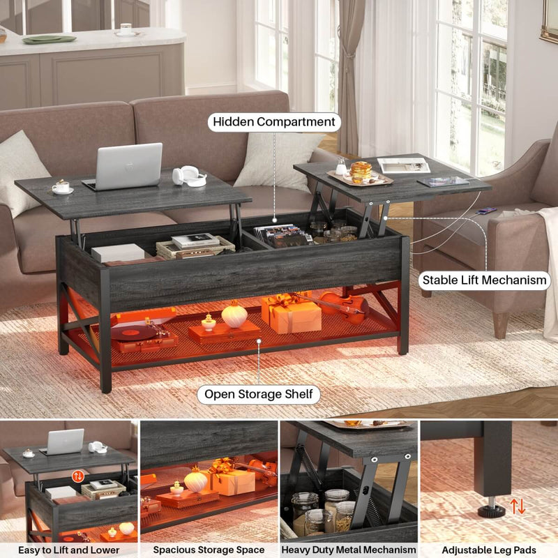 Lift-Top Coffee Table with Storage, Comes with LED Strip & Power Outlets