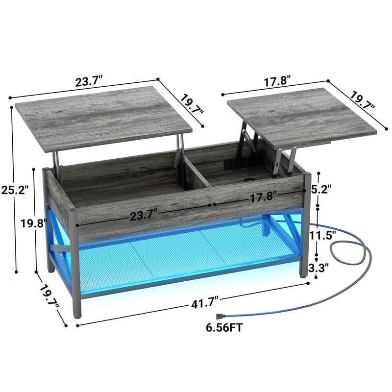 Lift-Top Coffee Table with Storage, Comes with LED Strip & Power Outlets