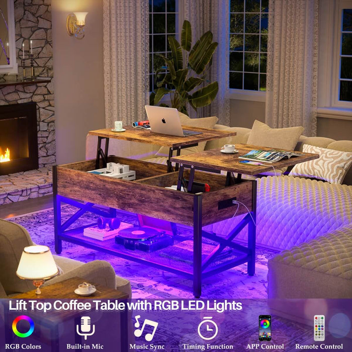 Lift-Top Coffee Table with Storage, Comes with LED Strip & Power Outlets