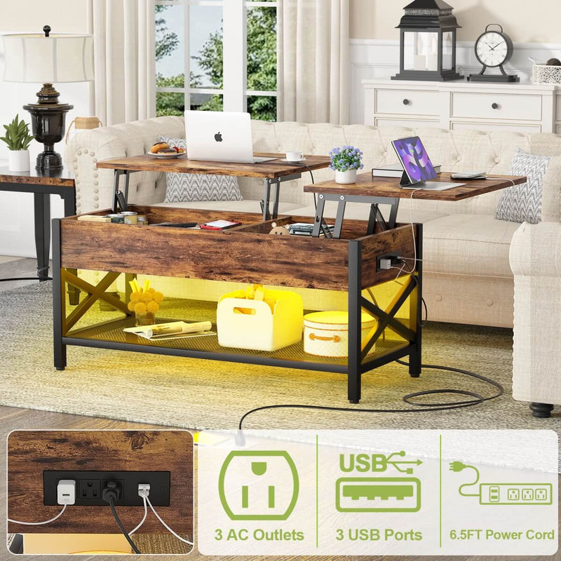 Lift-Top Coffee Table with Storage, Comes with LED Strip & Power Outlets