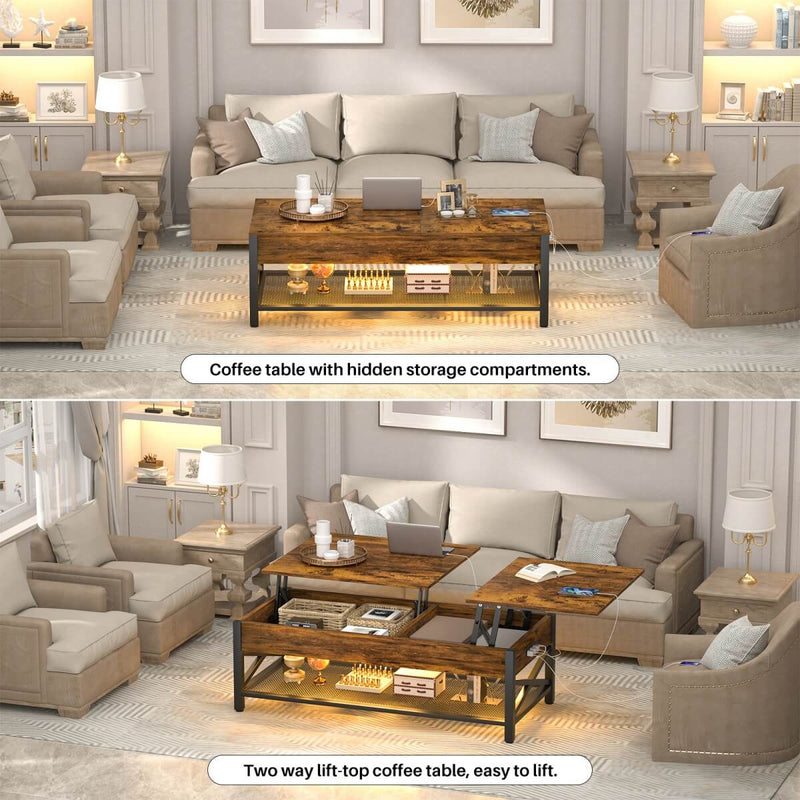 Lift-Top Coffee Table with Storage, Comes with LED Strip & Power Outlets