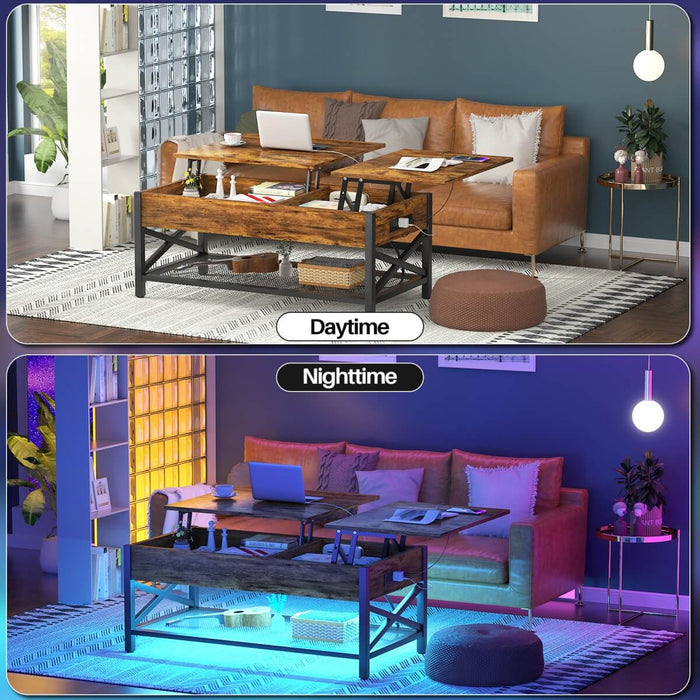 Lift-Top Coffee Table with Storage, Comes with LED Strip & Power Outlets