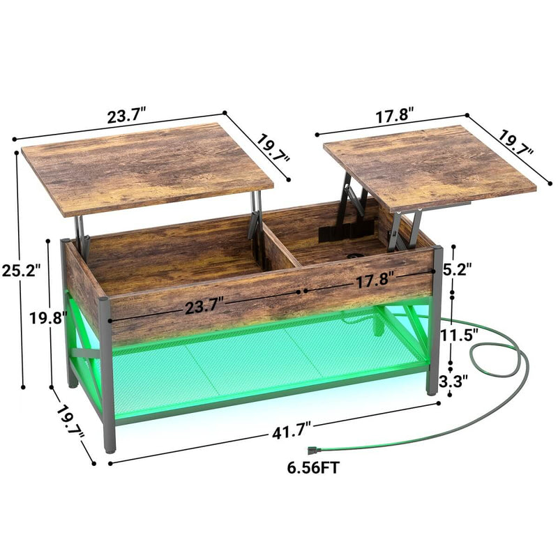 Lift-Top Coffee Table with Storage, Comes with LED Strip & Power Outlets
