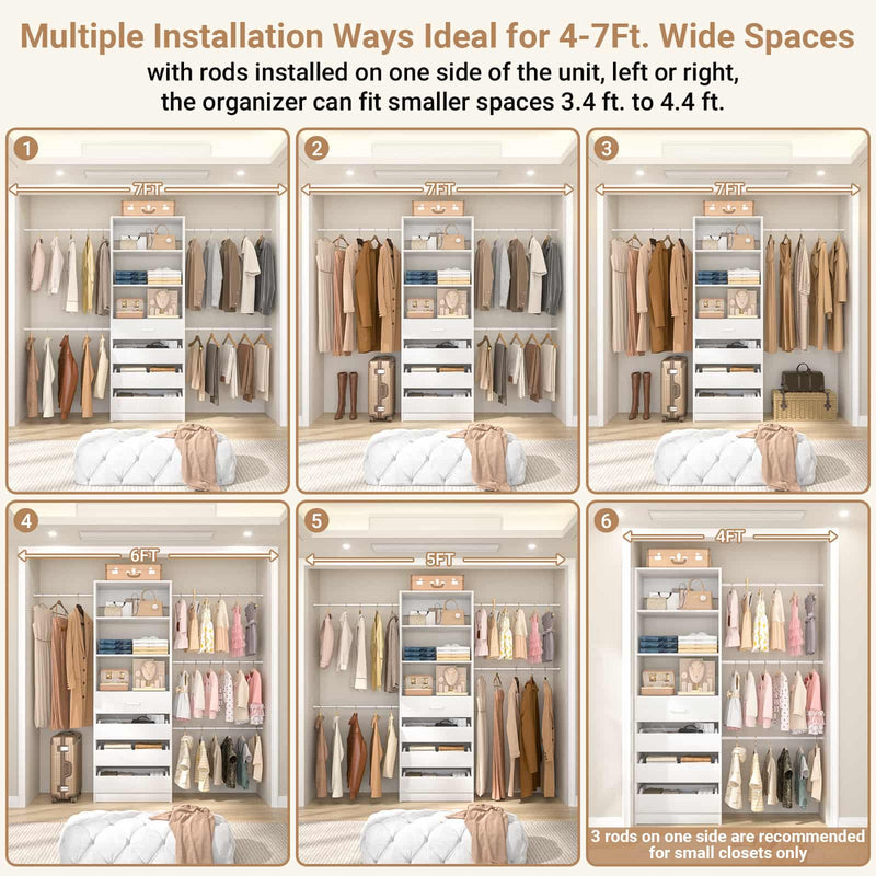 5-6FT Small Walk-in Closet Organizer System with Drawers and Hanging Rods