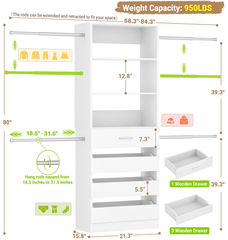 5-6FT Small Walk-in Closet Organizer System with Drawers and Hanging Rods