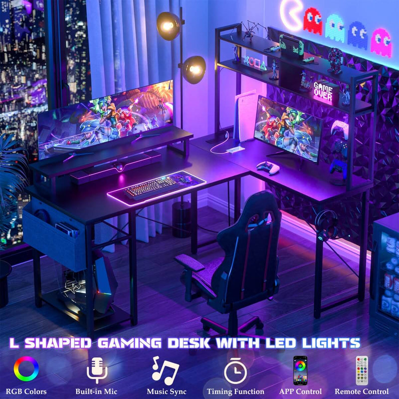 48.8'' Small LShaped Desk with Hutch, LED Lights and Power Outlets