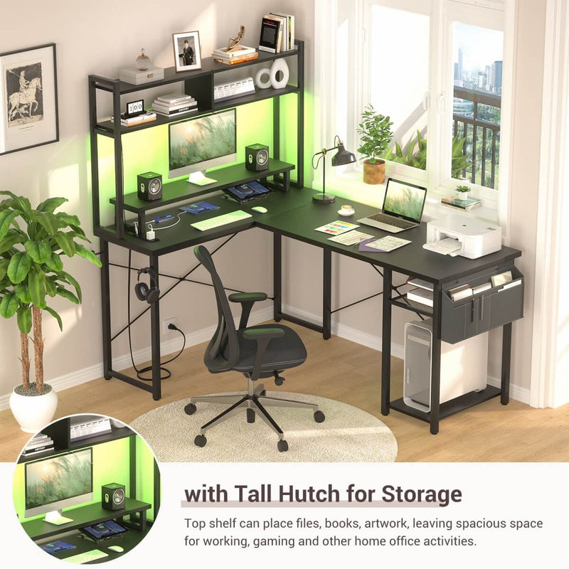 48.8'' Small LShaped Desk with Hutch, LED Lights and Power Outlets