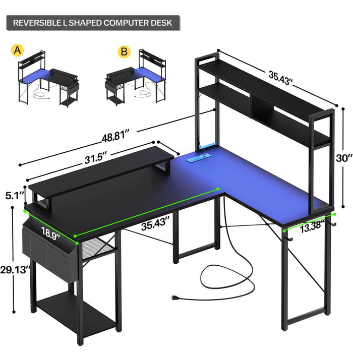 48.8'' Small LShaped Desk with Hutch, LED Lights and Power Outlets