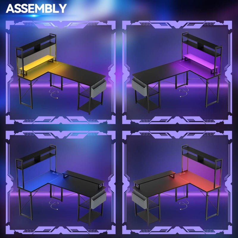 48.8'' Small LShaped Desk with Hutch, LED Lights and Power Outlets