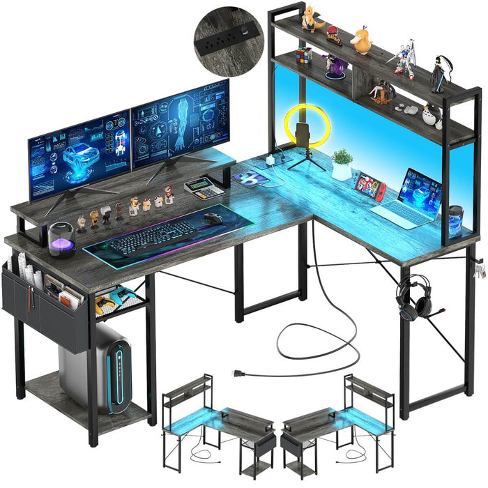 48.8'' Small LShaped Desk with Hutch, LED Lights and Power Outlets