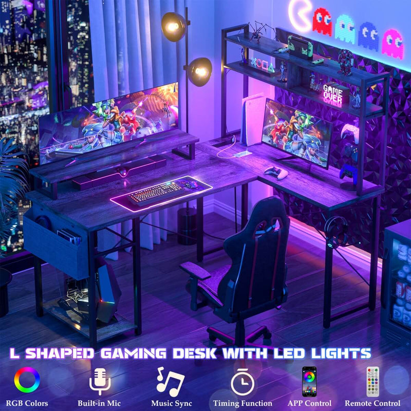 48.8'' Small LShaped Desk with Hutch, LED Lights and Power Outlets