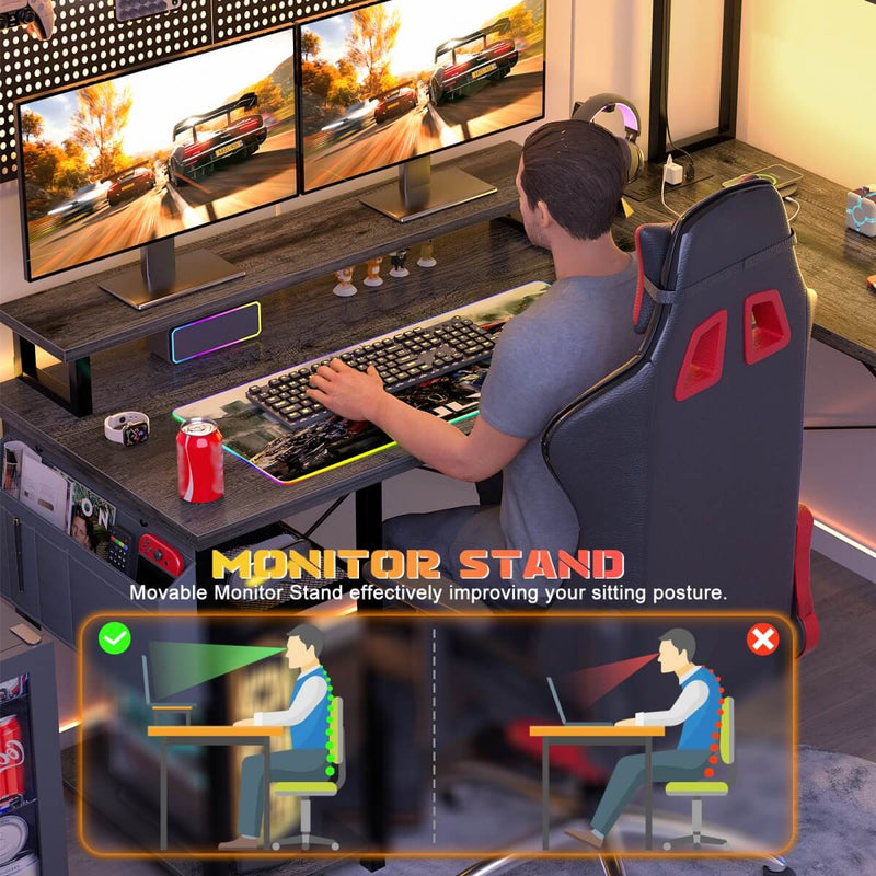 48.8'' Small LShaped Desk with Hutch, LED Lights and Power Outlets