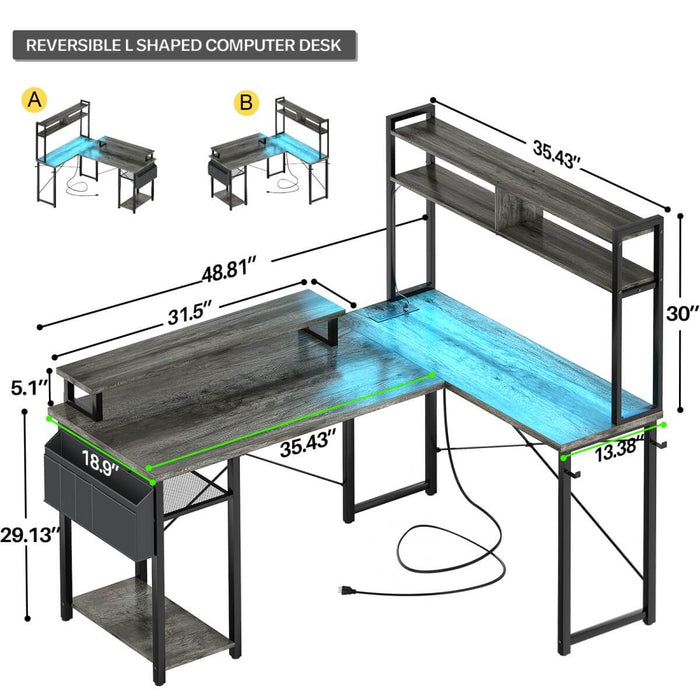 48.8'' Small LShaped Desk with Hutch, LED Lights and Power Outlets