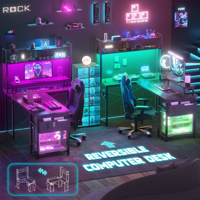 48.8'' Small LShaped Desk with Hutch, LED Lights and Power Outlets