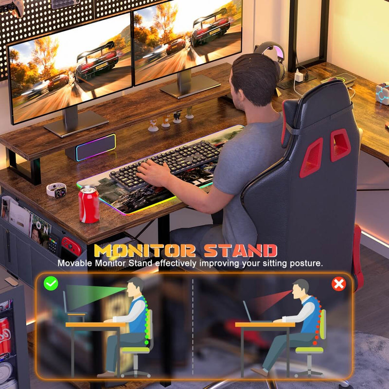 48.8'' Small LShaped Desk with Hutch, LED Lights and Power Outlets