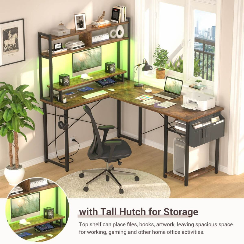 48.8'' Small LShaped Desk with Hutch, LED Lights and Power Outlets